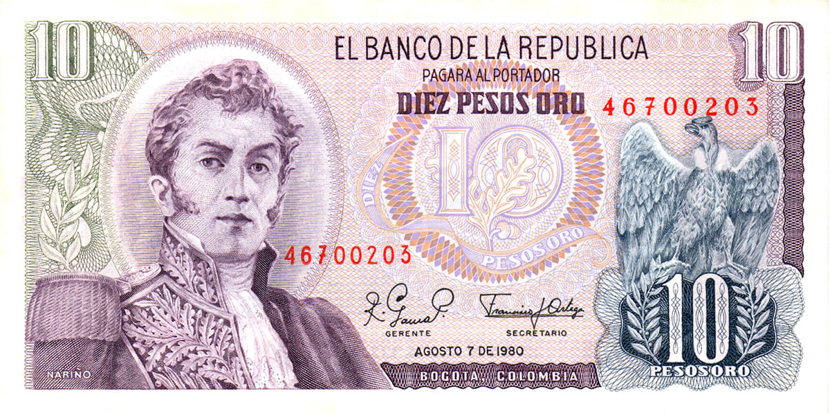 10 песо Колумбии 1980