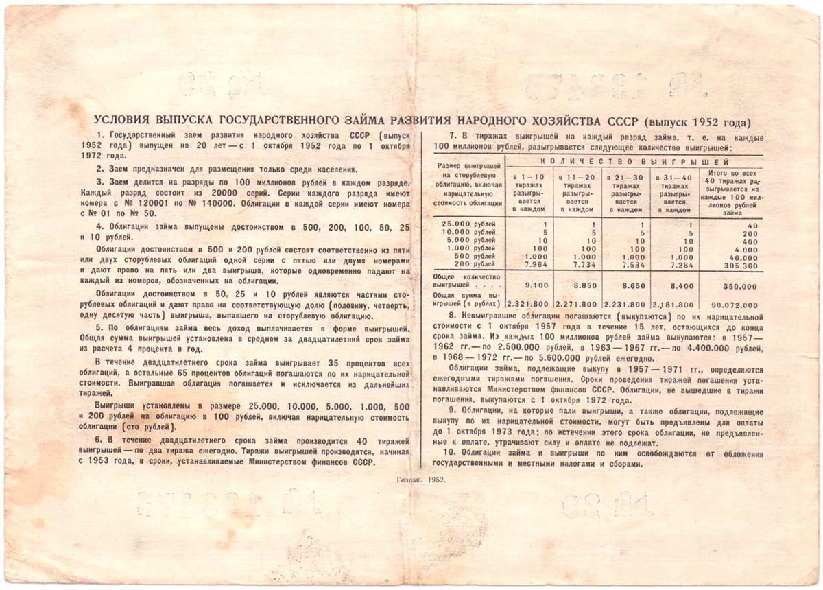 10 рублей 1952. Государственный заем развития народного хозяйства