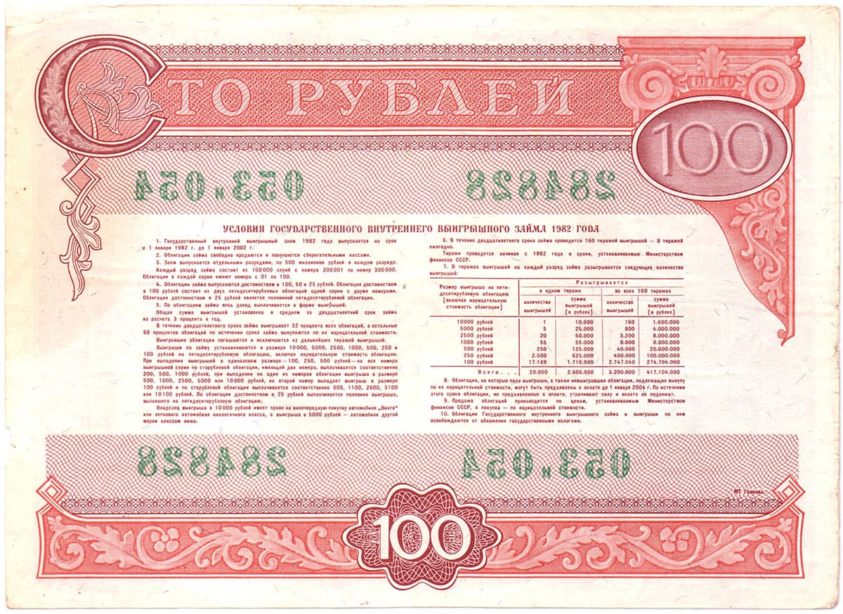 100 рублей 1982. Государственный внутренний выигрышный заем