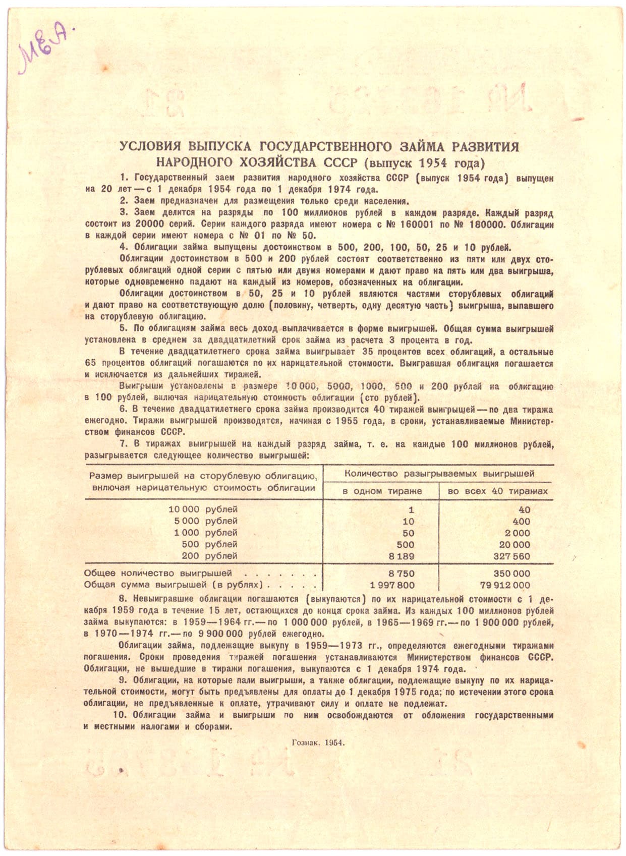10 рублей 1954. Государственный заем развития народного хозяйства