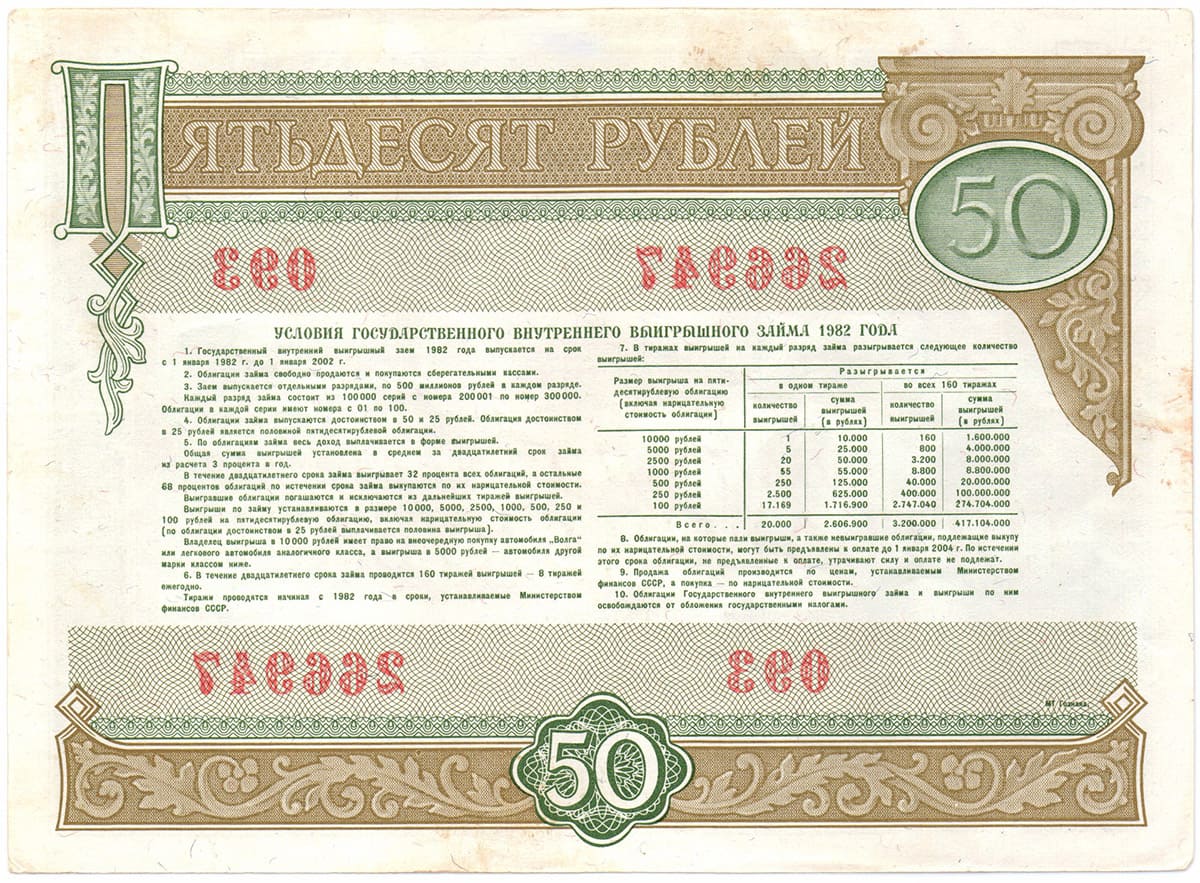 50 рублей 1982. Государственный внутренний выигрышный заем