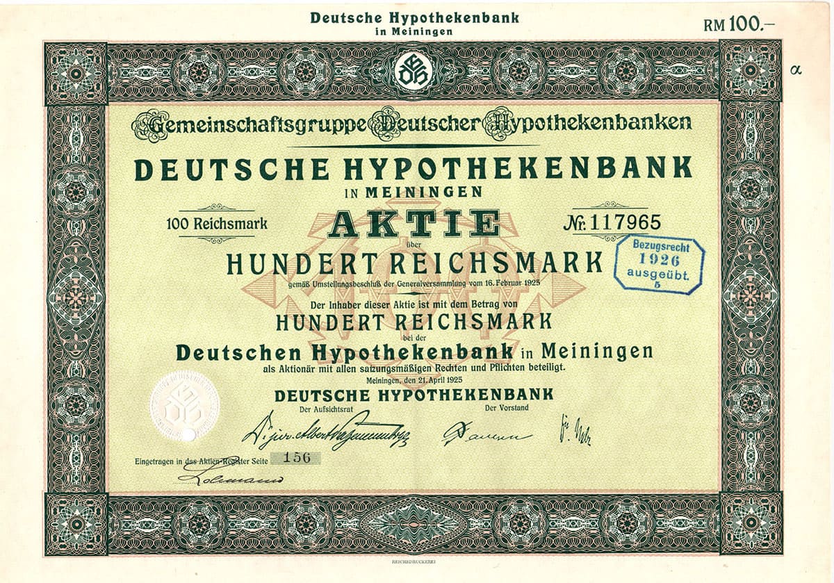 Aktie Deutsche Hypothekenbank 100 rm 1925