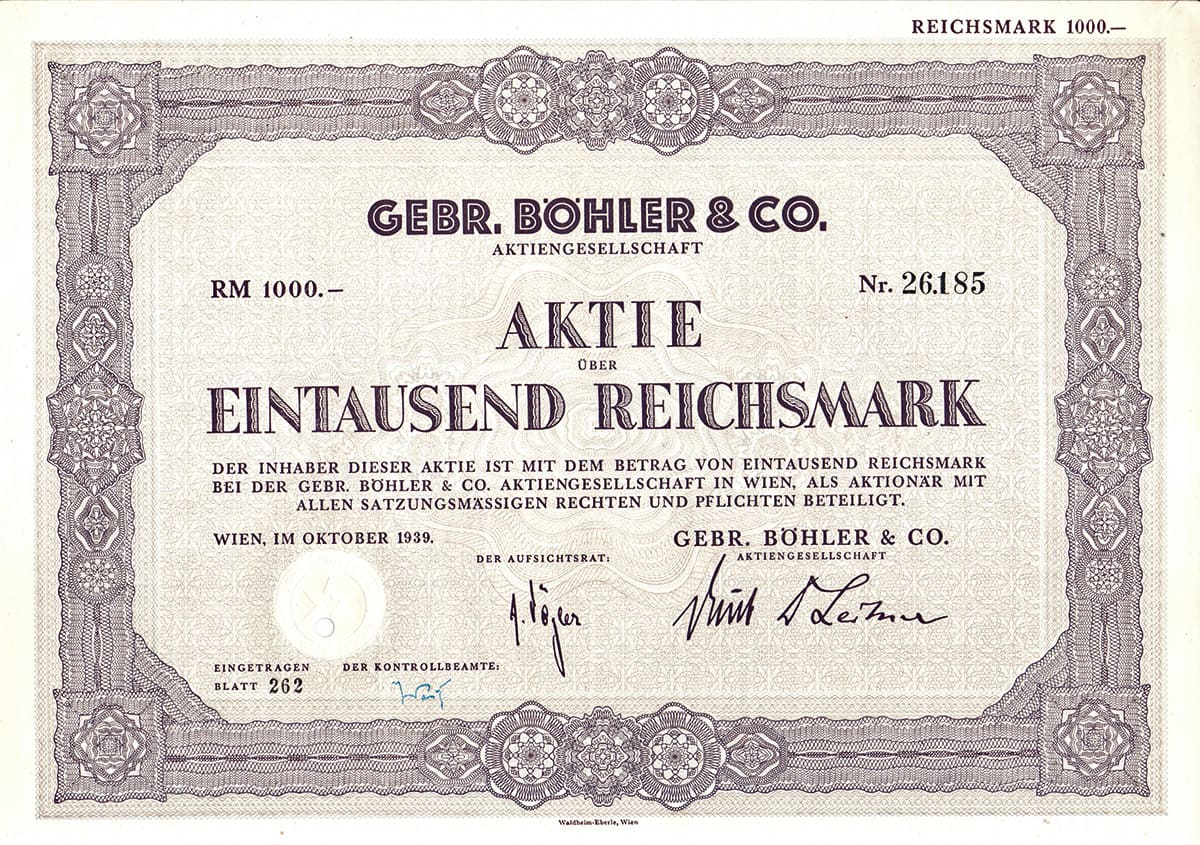 Aktie Gebr Bohler & Co 1000 RM 1939