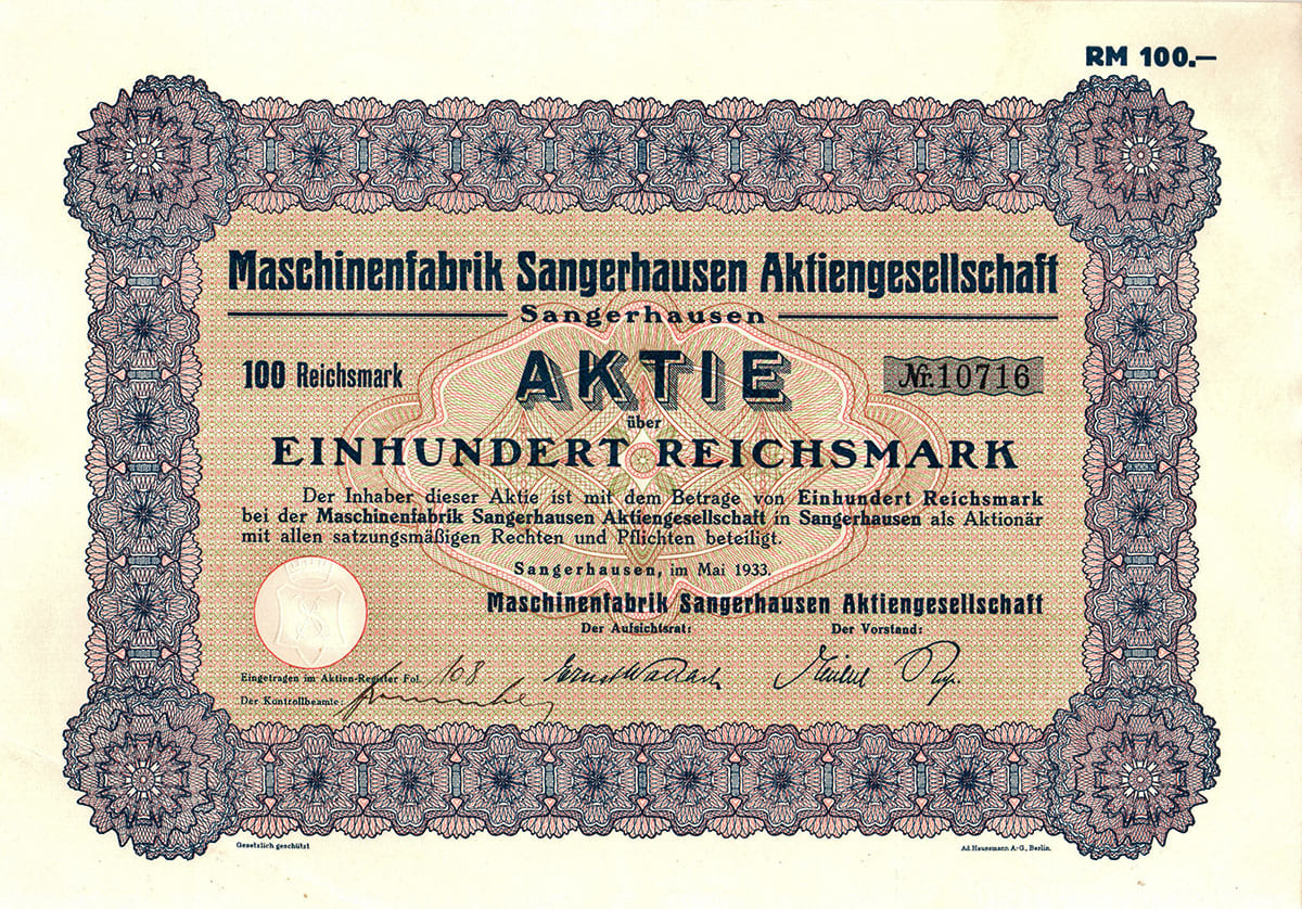 Aktie Maschinenfabrik Sangerhausen Aktiengesellschaft 100 RM 1933