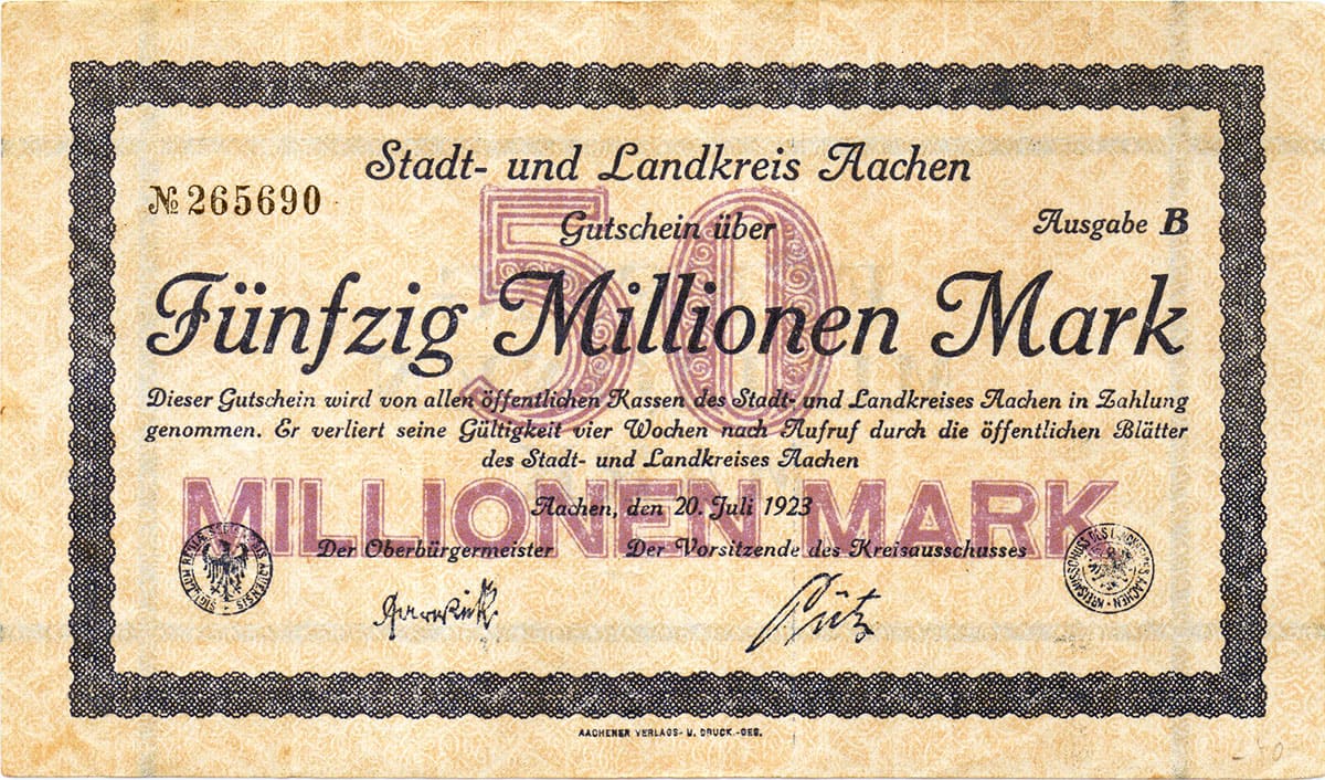50 000 000 марок 1923 Stadt- und Landkreis Aachen