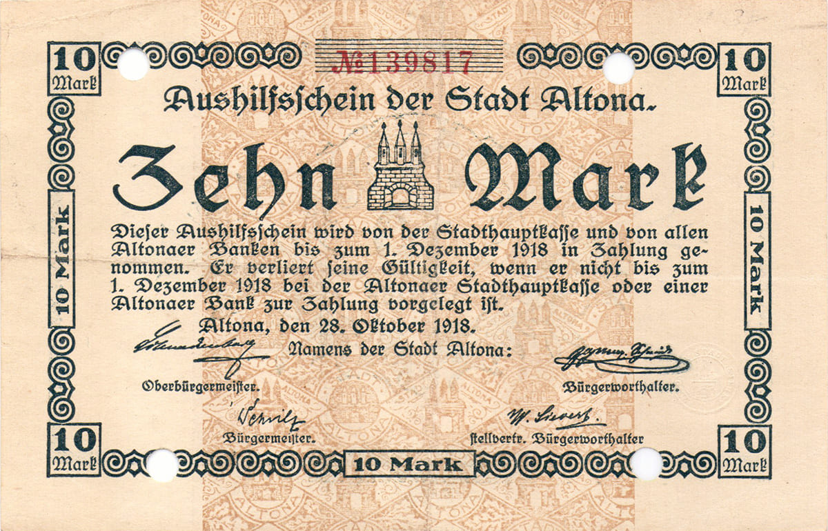 10 марок 1918 Aushilsschein der Stadt Altona