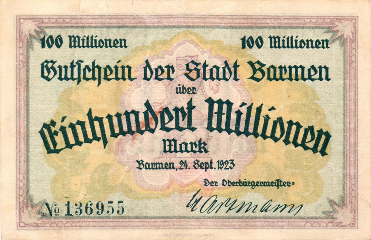 100 000 000 марок 1923 Stadt Barmen