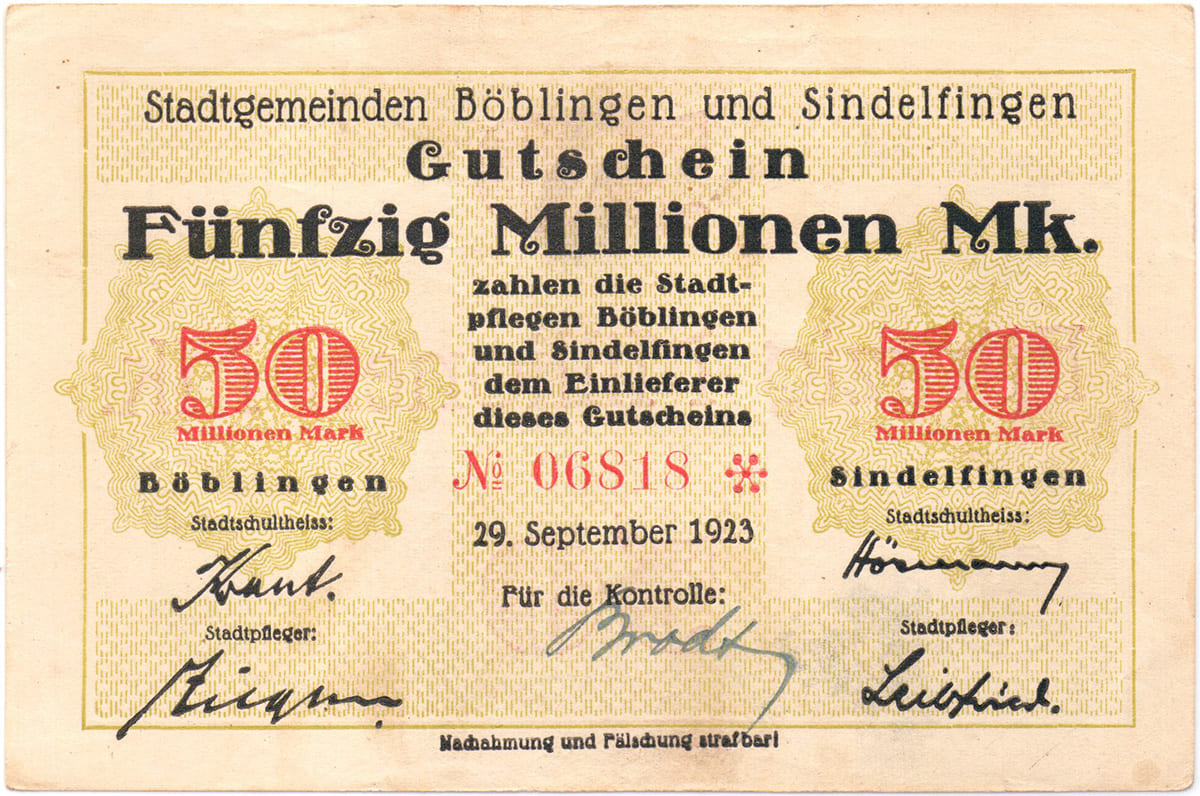 50 000 000 марок 1923 Stadtgemeinden Böblingen und Sindelfingen