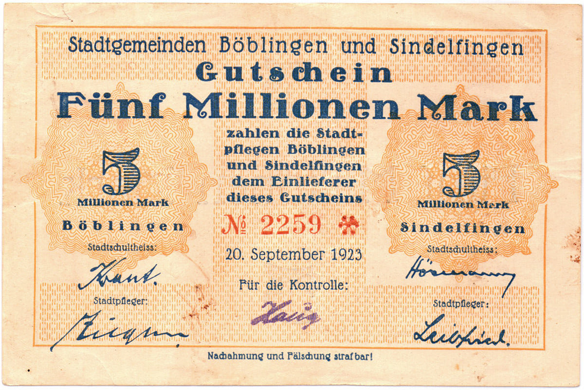 5 000 000 марок 1923 Stadtgemeinden Böblingen und Sindelfingen