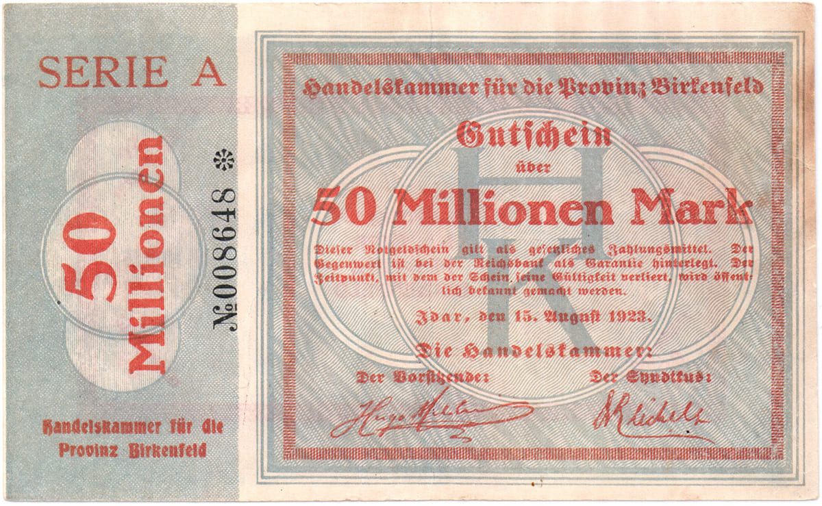 50 000 000 Mark 1923 Handelskammer fur die Provinz Birkenfeld