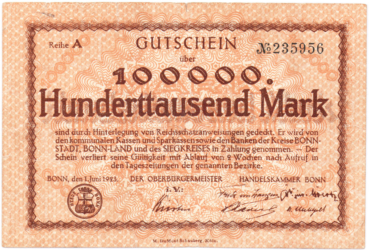 100 000 марок 1923 Landkreis Bonn und Siegkreis
