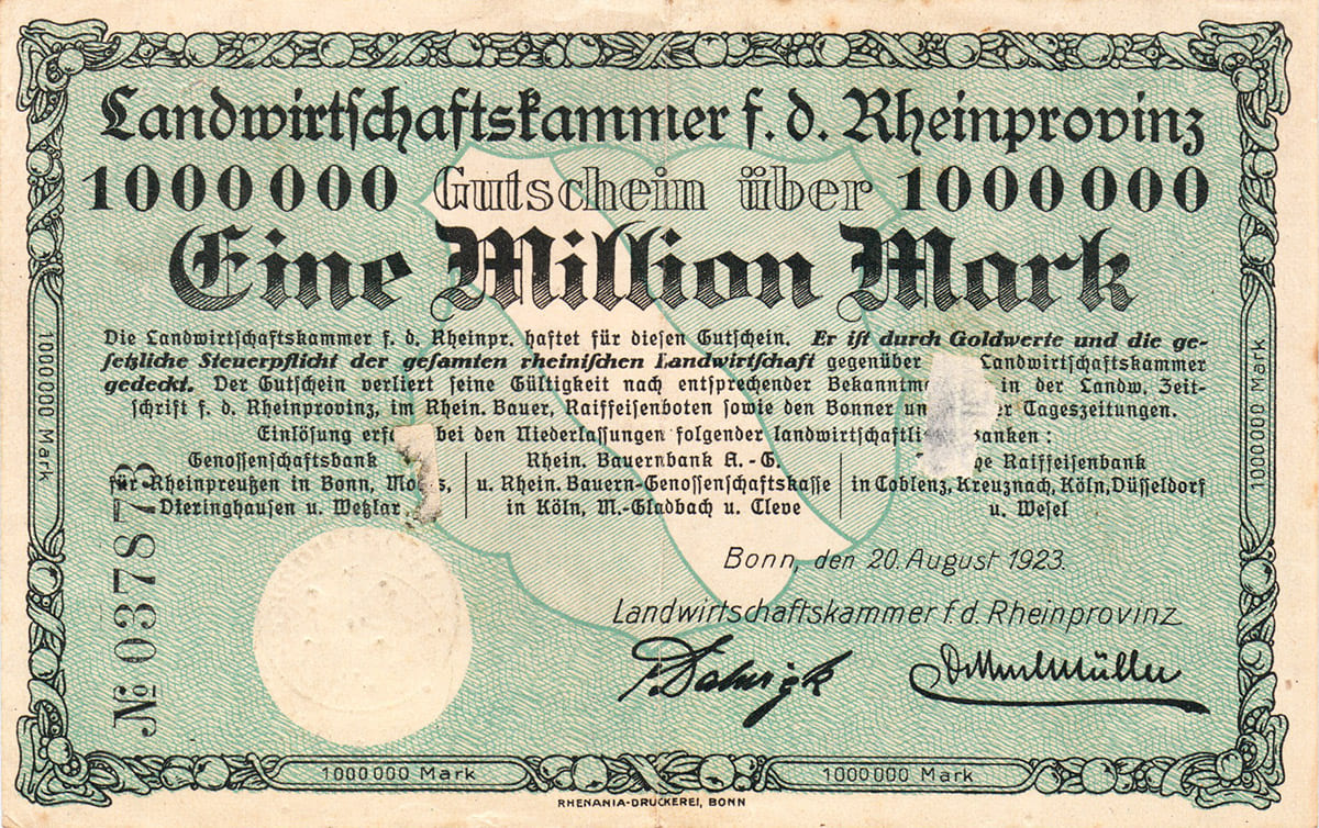 1 000 000 марок 1923 Landwirtschaftskammer für die Rheinprovinz