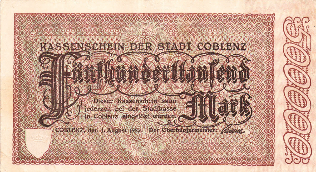 500 000 марок 1923 Kassenschein der Stadt Coblenz