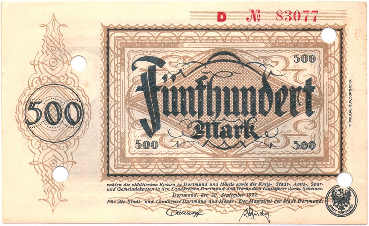 500 марок 1922 Stadt und Landkreis Dortmund und Hörd