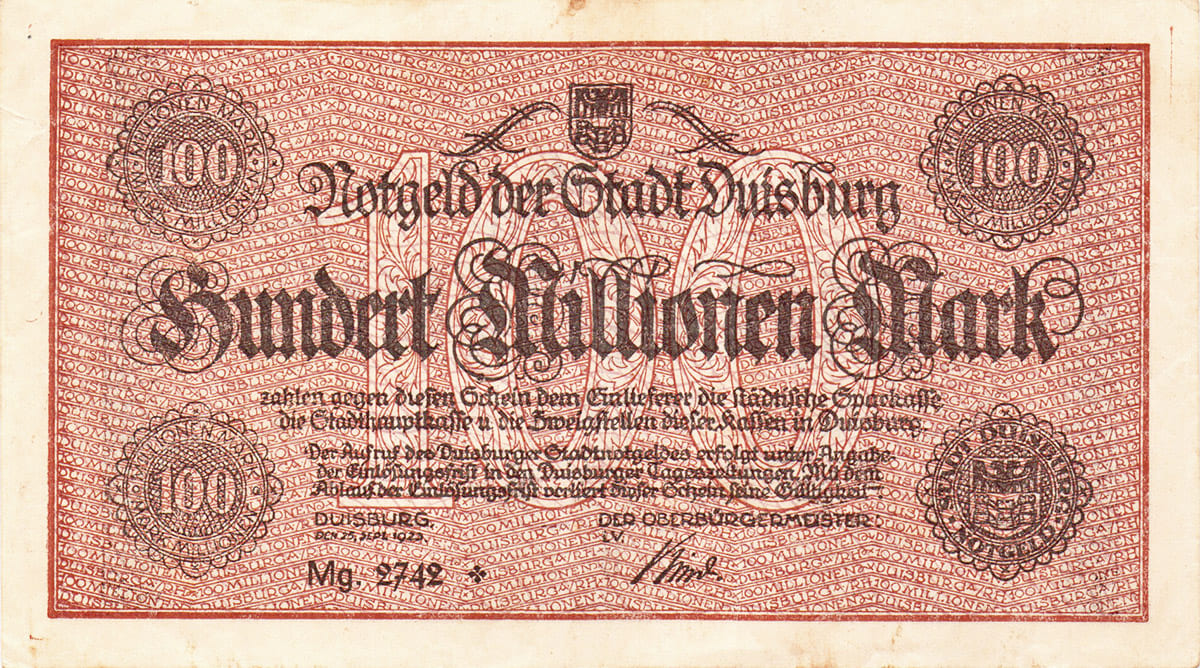 100 000 000 марок 1923 Stadt Duisburg