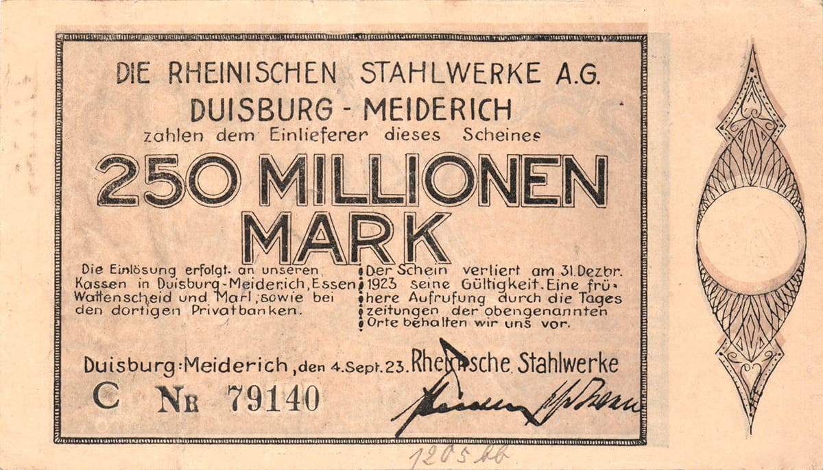 250 000 000 марок 1923 Die Rheinische Stahlwerke