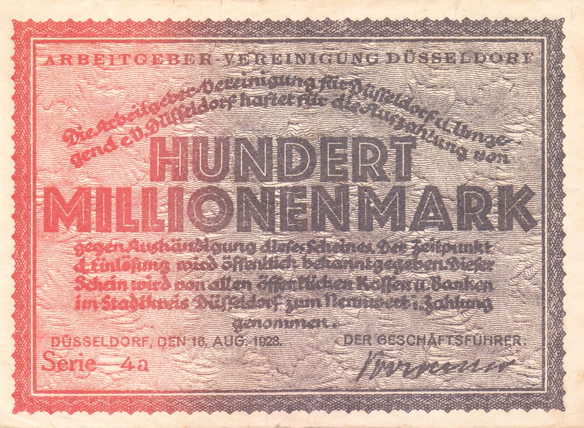 100 000 000 марок 1923 Artbeitgeber vereinigung Düsseldorf