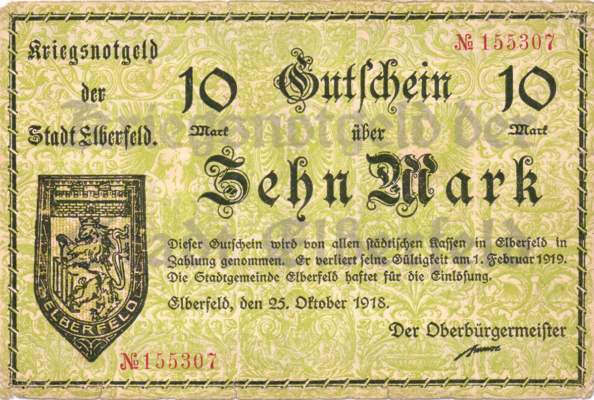 10 марок 1918 Kriegsnotgeld der Stadt Elberfeld