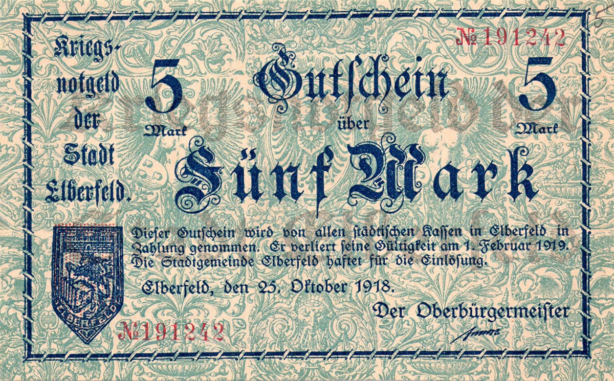 5 марок 1918 Kriegsnotgeld der Stadt Elberfeld