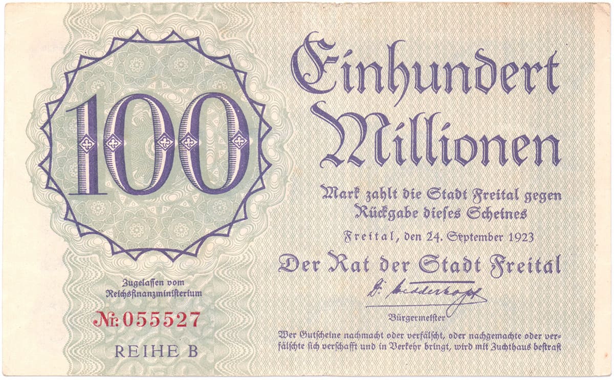 100 000 000 марок 1923 Stadt Freital