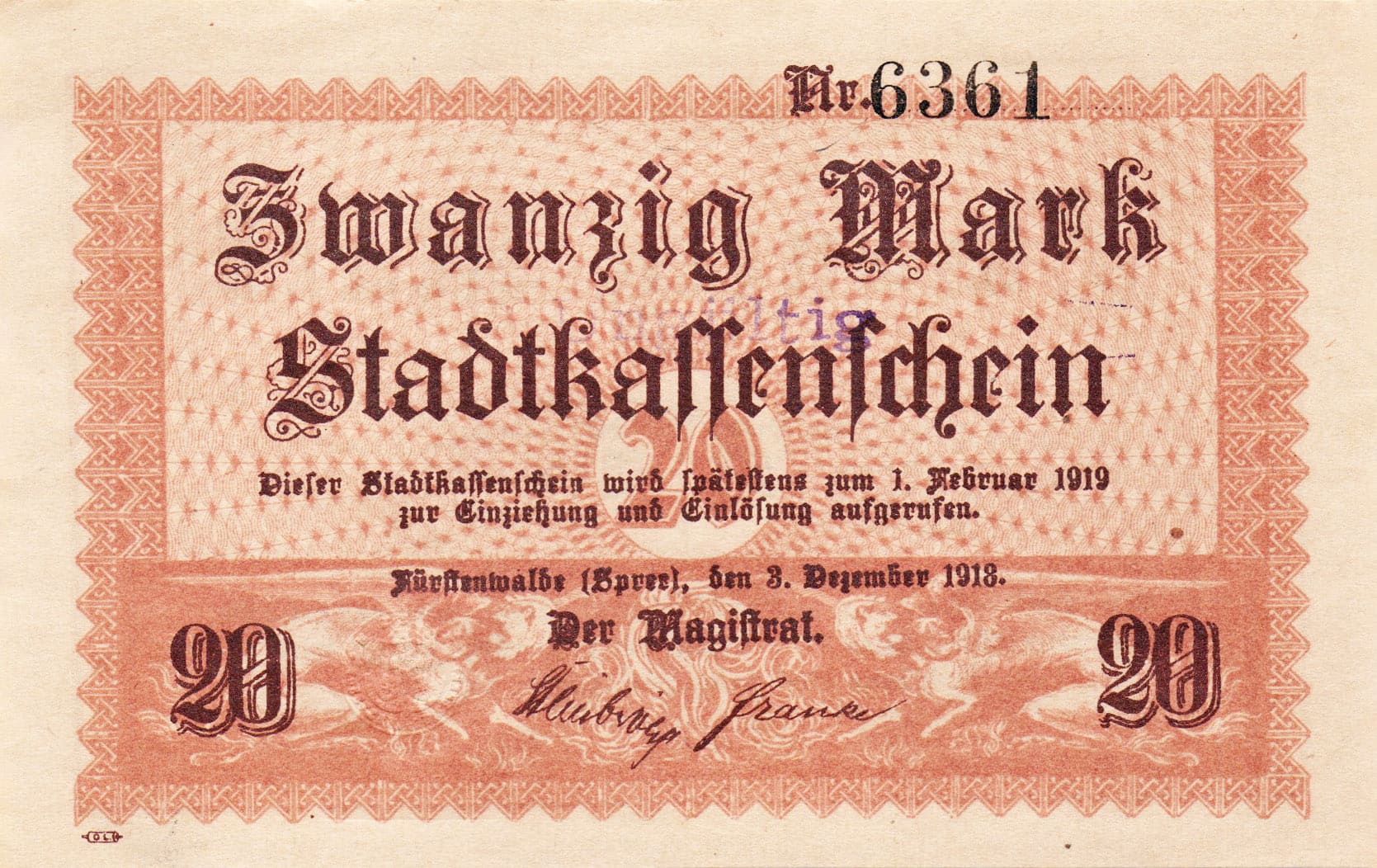 20 марок 1918 Stadtkassenschein