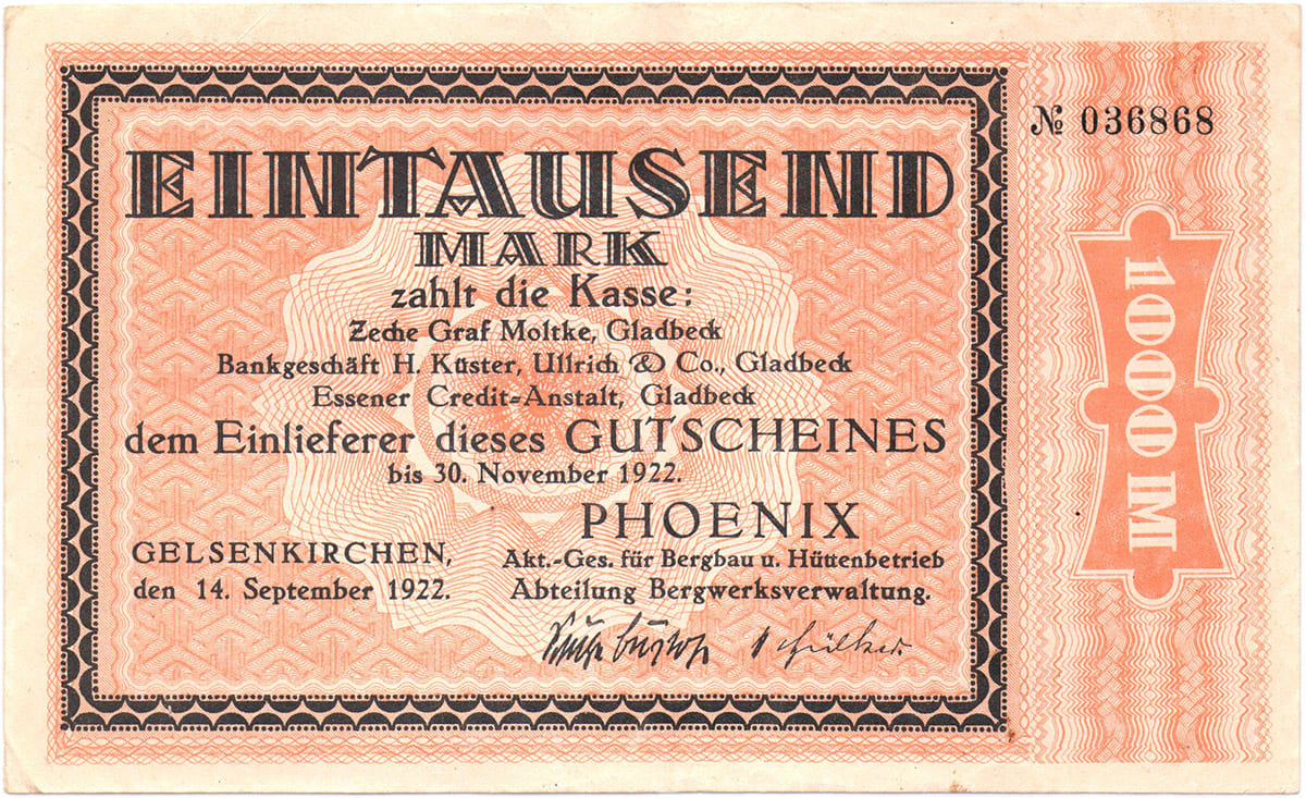 1 000 марок 1922 Phoenix AG für Bergbau und Hüttenbetrieb Stadt Gelsenkirchen