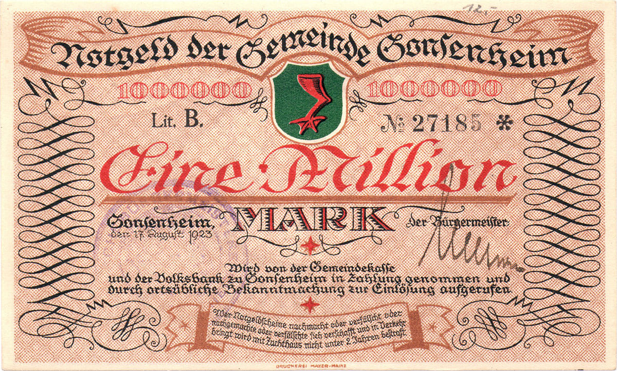 1 000 000 марок 1923 Notgeld der Gemeinde Gonsenheim