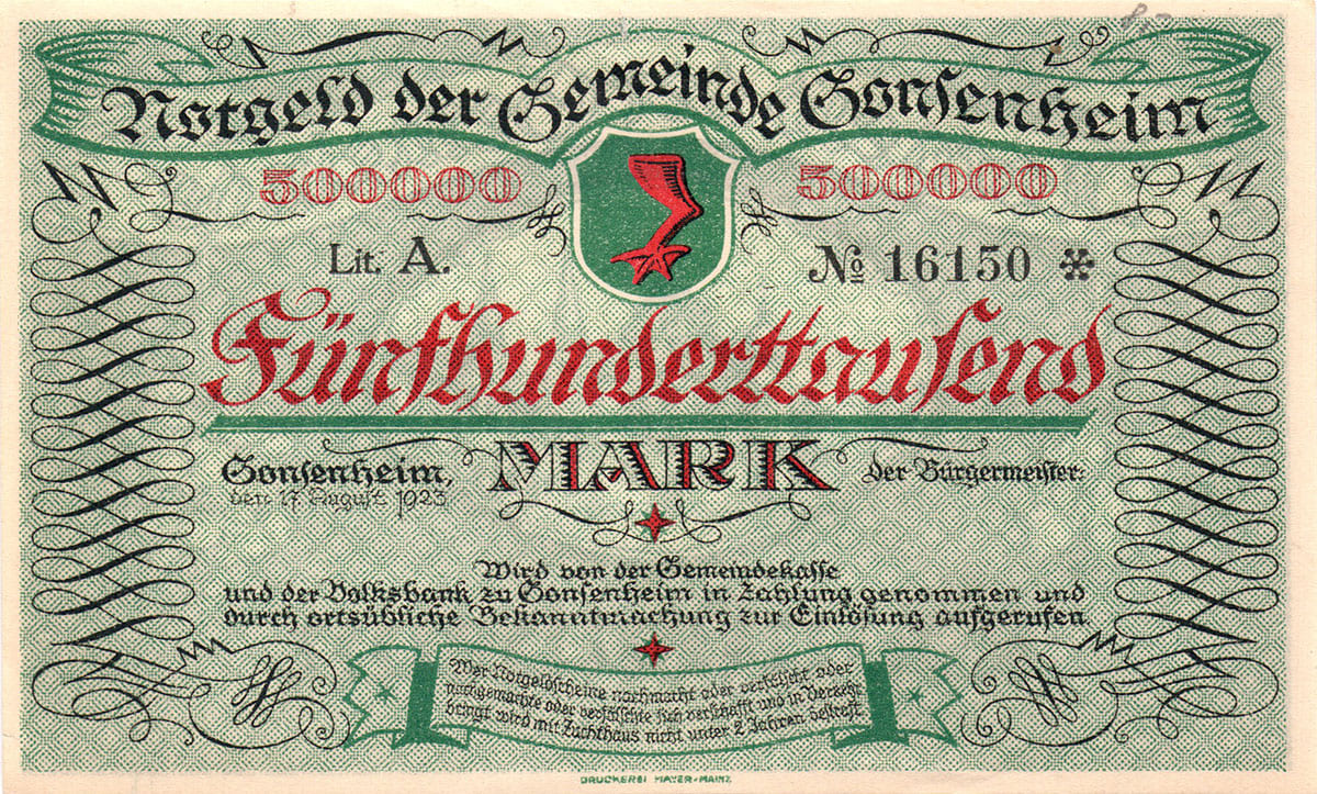 500 000 марок 1923 Notgeld der Gemeinde Gonsenheim