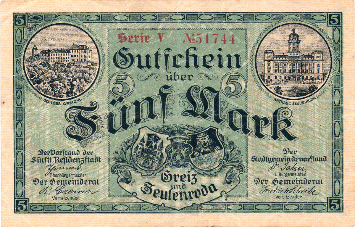 5 марок 1918. Совместный выпуск Грайц и Цойленрода (Greiz und Zeulenroda)