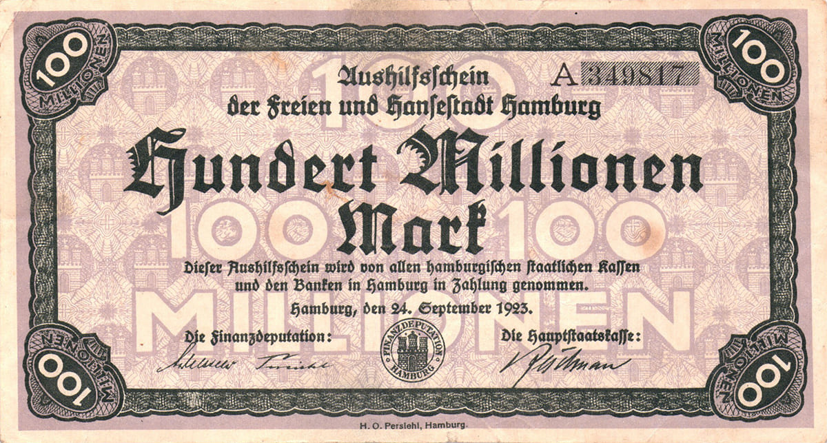 100 000 000 марок 1923 Aushilfsscheinen der freien und Hansestadt Hamburg
