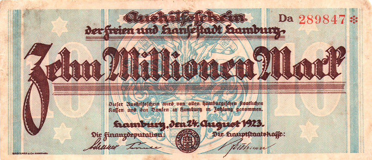 10 000 000 марок 1923 Aushilfsscheinen der freien und Hansestadt Hamburg