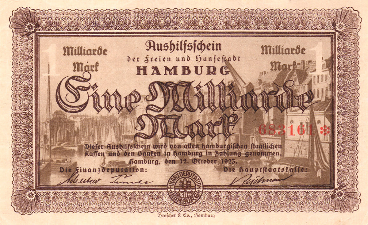 1 000 000 000 марок 1923 Aushilfsscheinen der freien und Hansestadt Hamburg