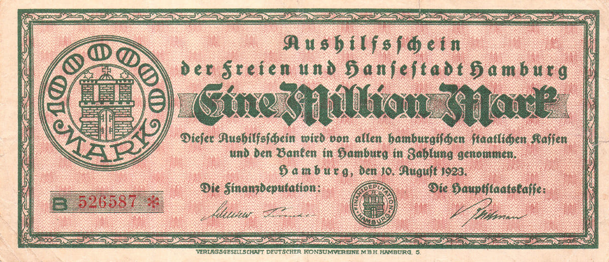 1 000 000 марок 1923 Aushilfsscheinen der freien und Hansestadt Hamburg