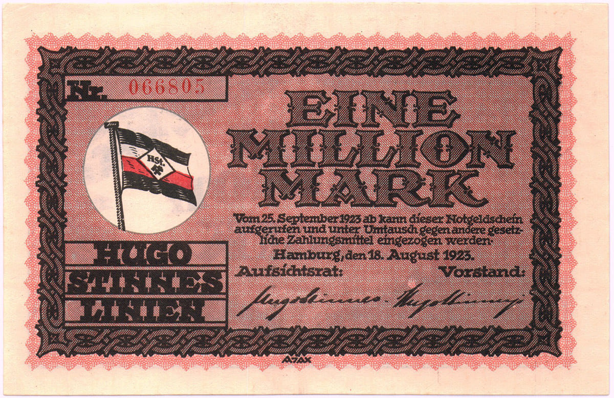 1 000 000 марок 1923 Hugo Stinnes Linien Hamburg