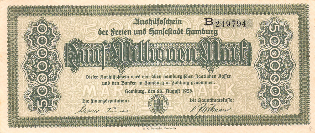 5 000 000 марок 1923 Aushilfsscheinen der freien und Hansestadt Hamburg