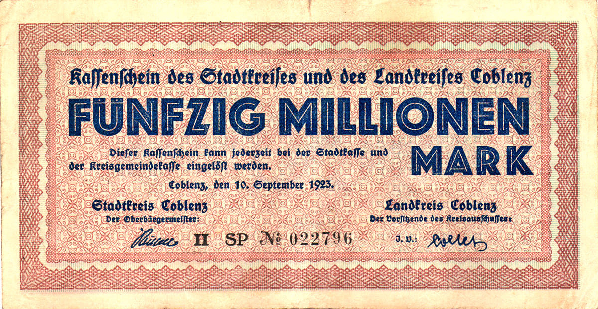 50 000 000 марок 1923 Stadtkreis und der Landkreis Coblenz