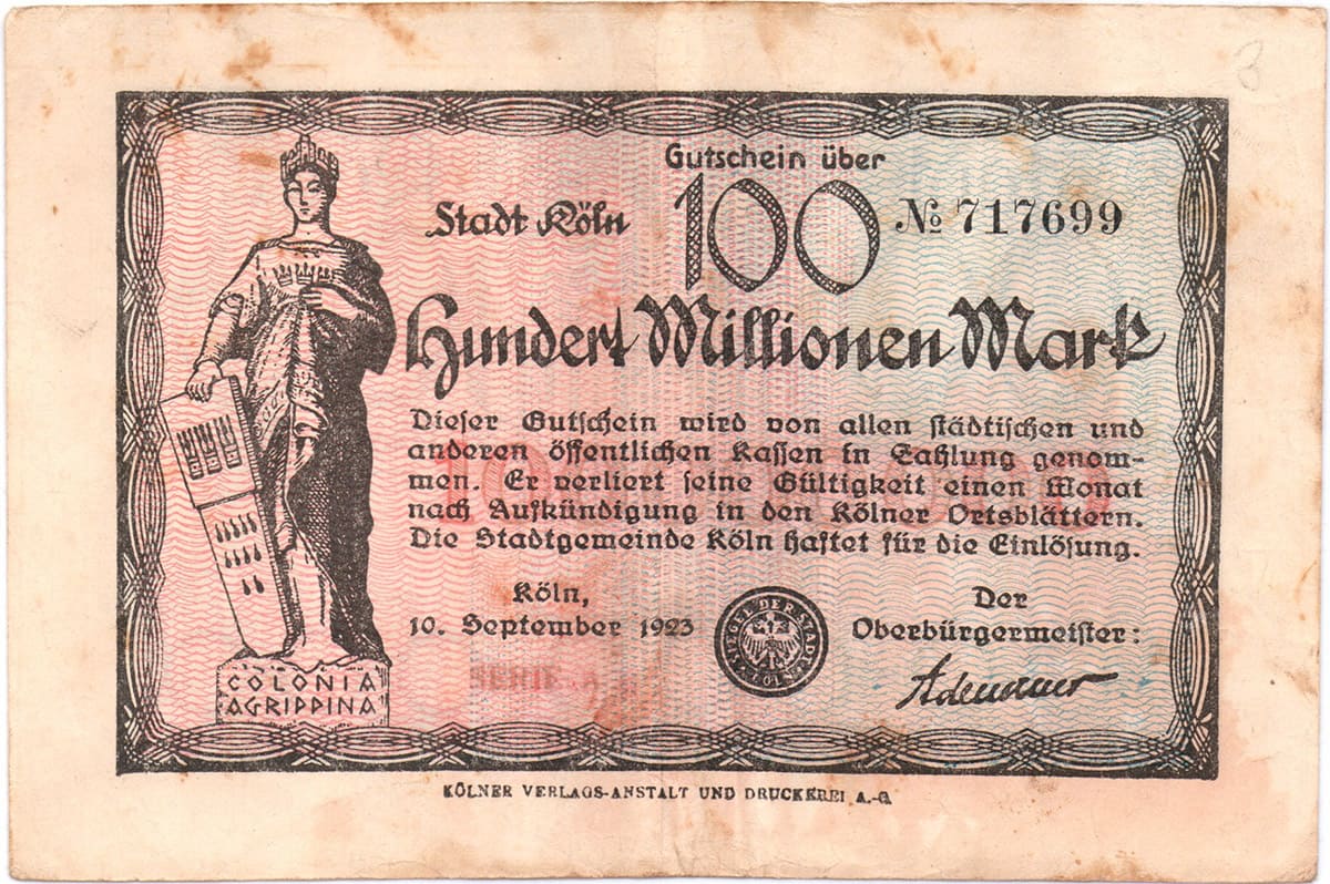 100 000 000 марок 1923 Stadt Köln