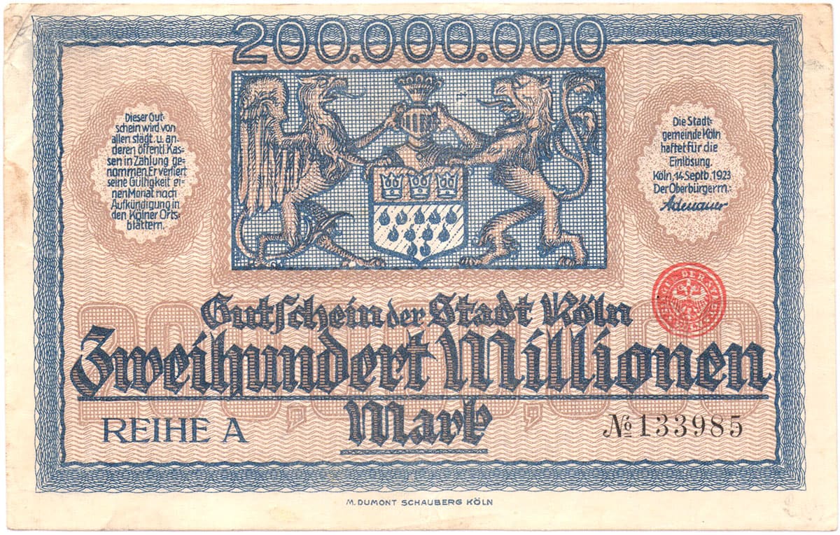 200 000 000 марок 1923 Stadt Köln