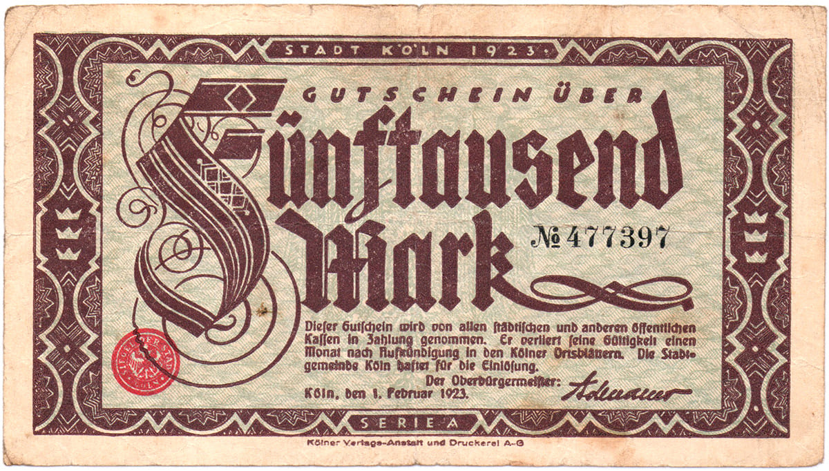 5 000 марок 1923 Stadt Köln