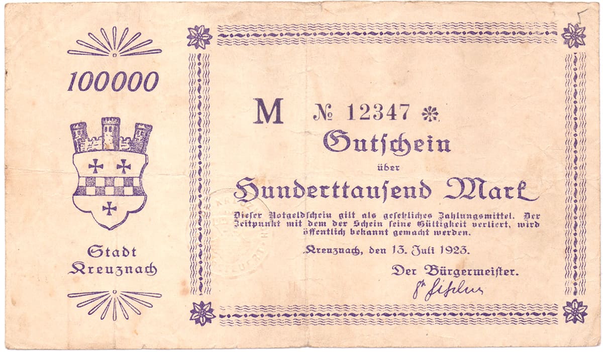 100 000 марок 1923 Stadt Kreuznach