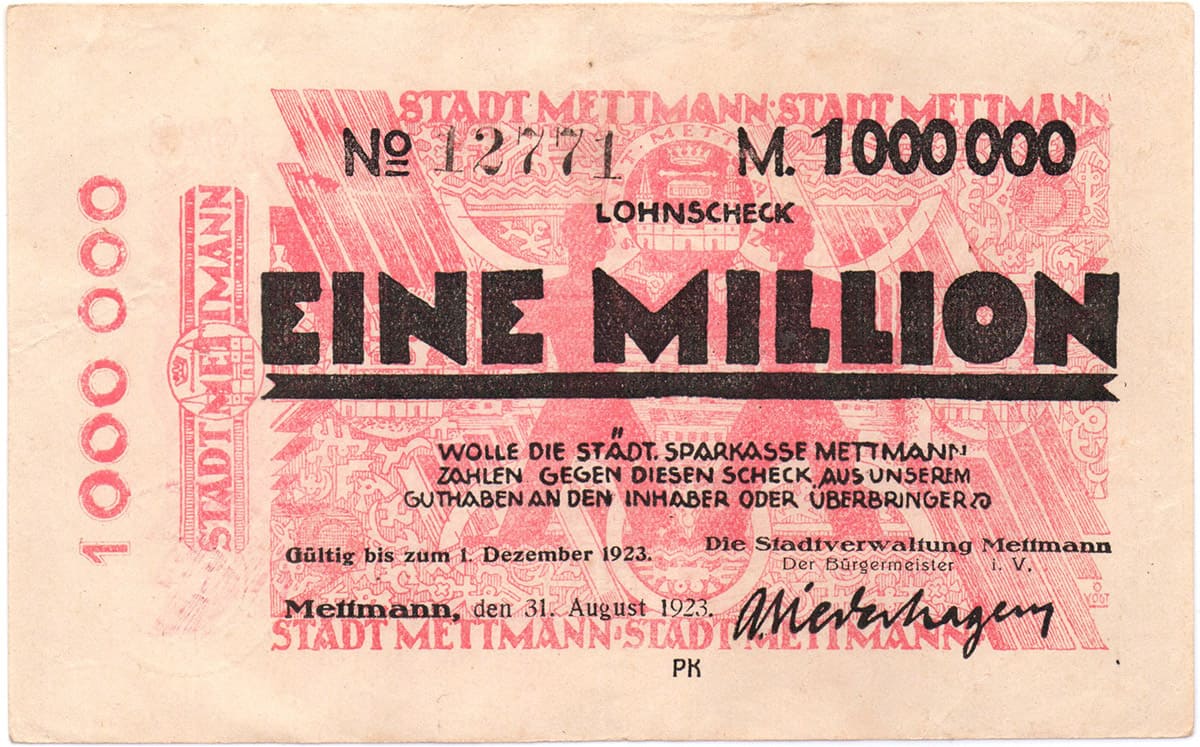 1 00 000 000 марок 1923 Stadt Mettmann