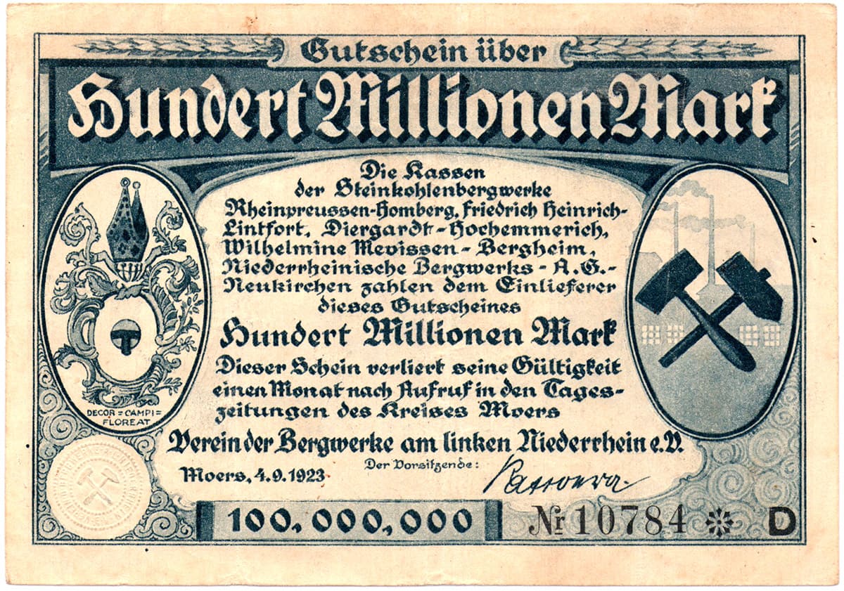 100 000 000 марок 1923 Verein der Bergwerke am linken Niederrhein e.V.