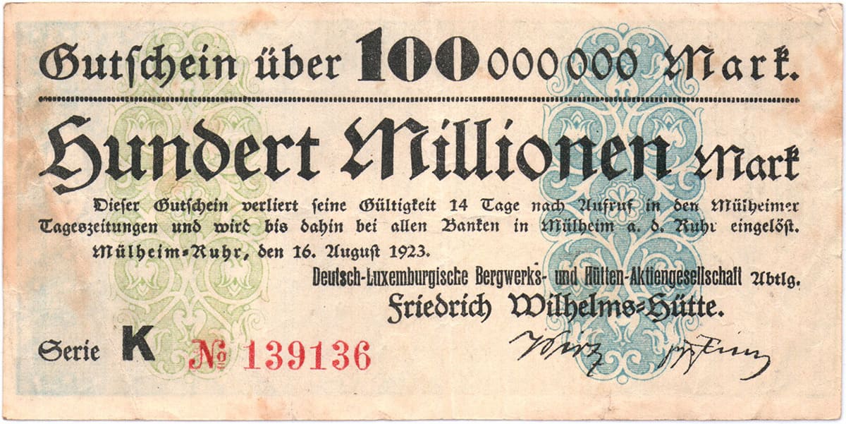 100 000 000 марок 1923 Stadt Mülheim an der Ruhr