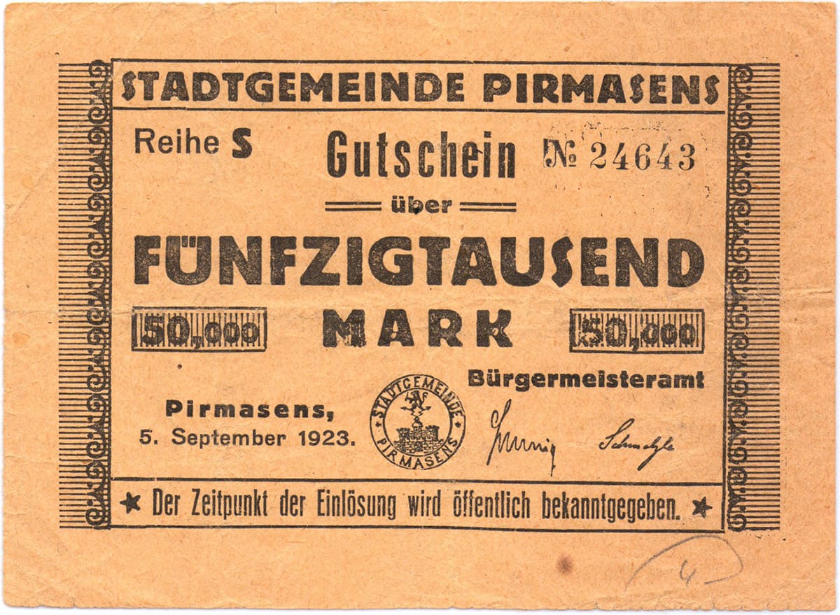 50 000 марок 1923 Stadtgemeinde Pirmasens