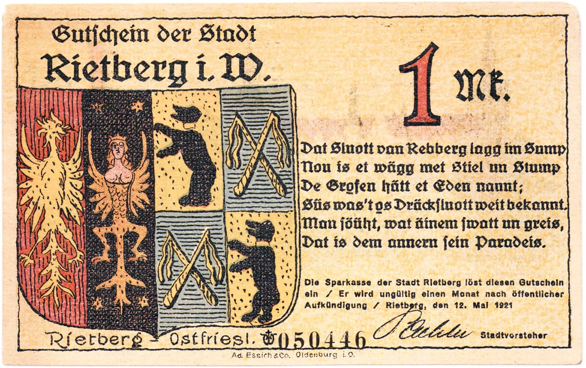1 марка 1921 Stadt Rietberg