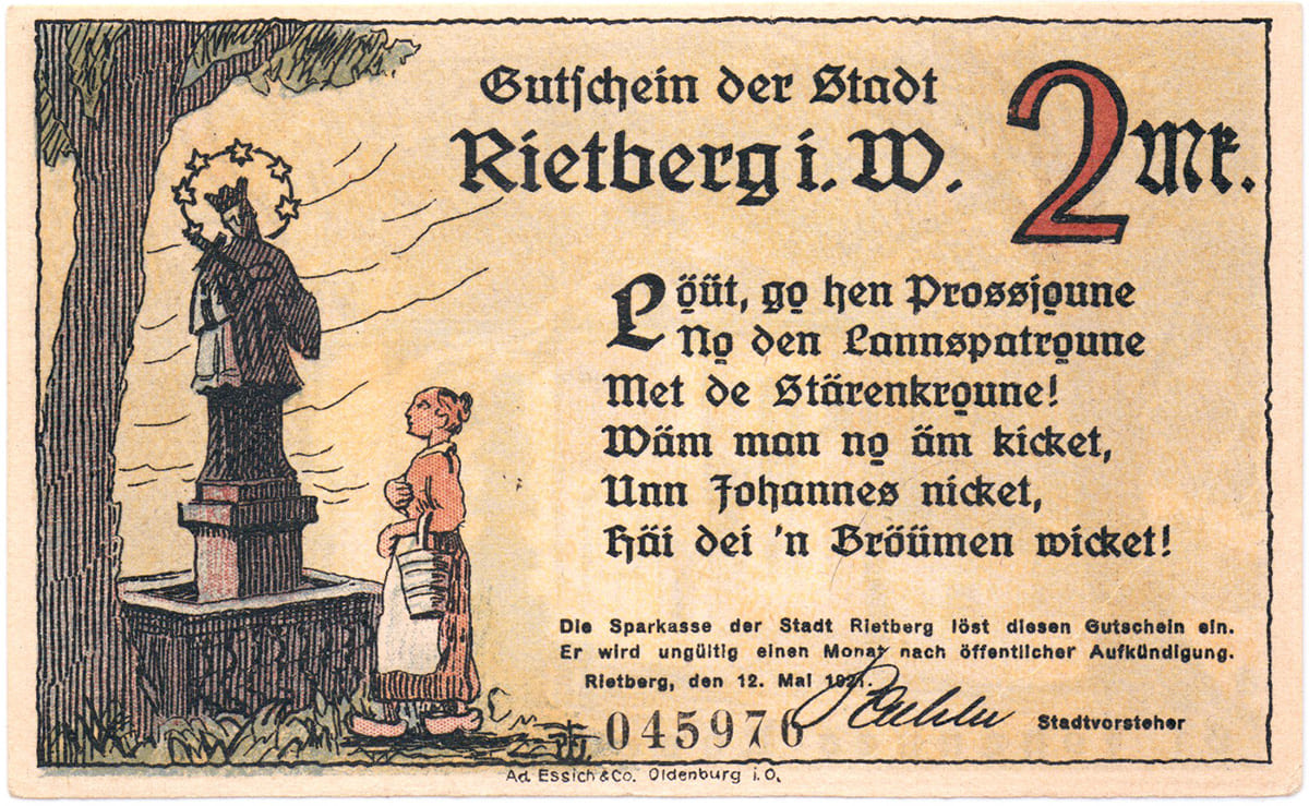 2 марки 1921 Stadt Rietberg