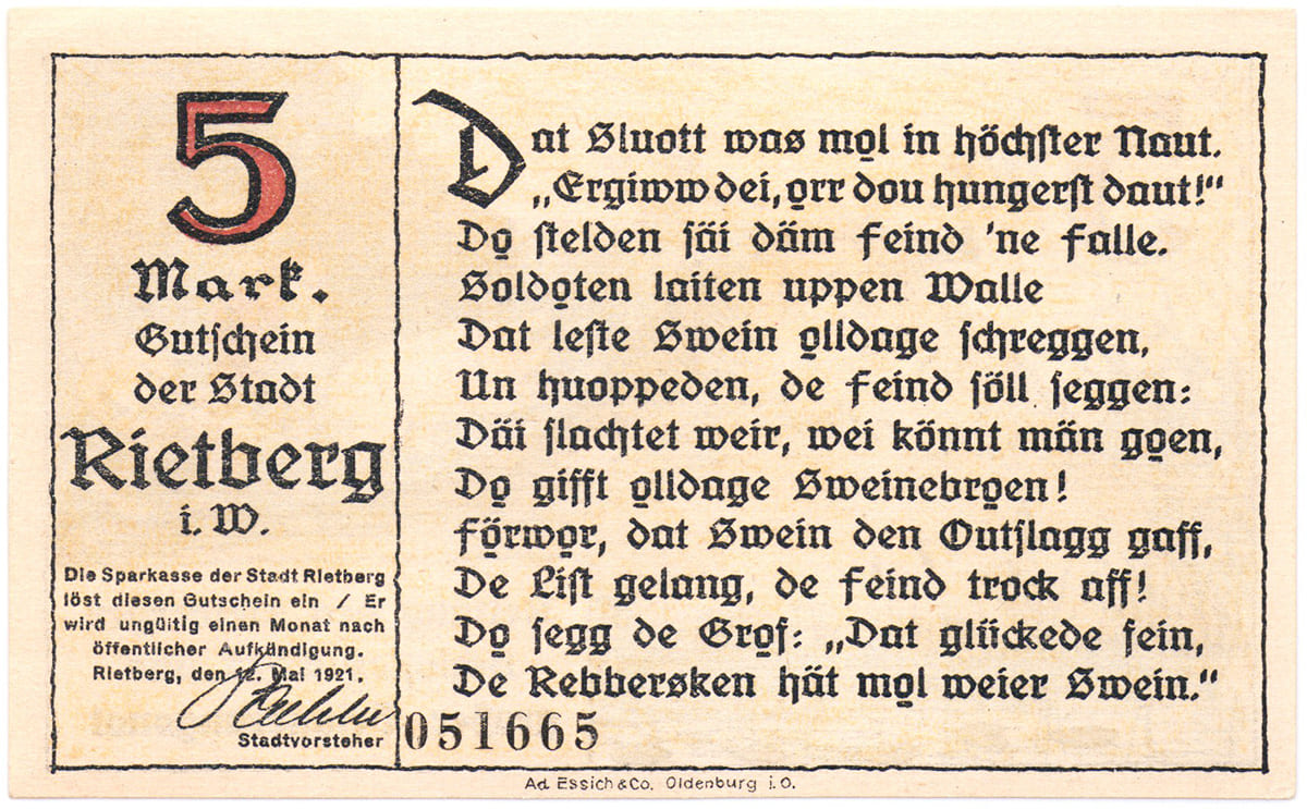 5 марок 1921 Stadt Rietberg