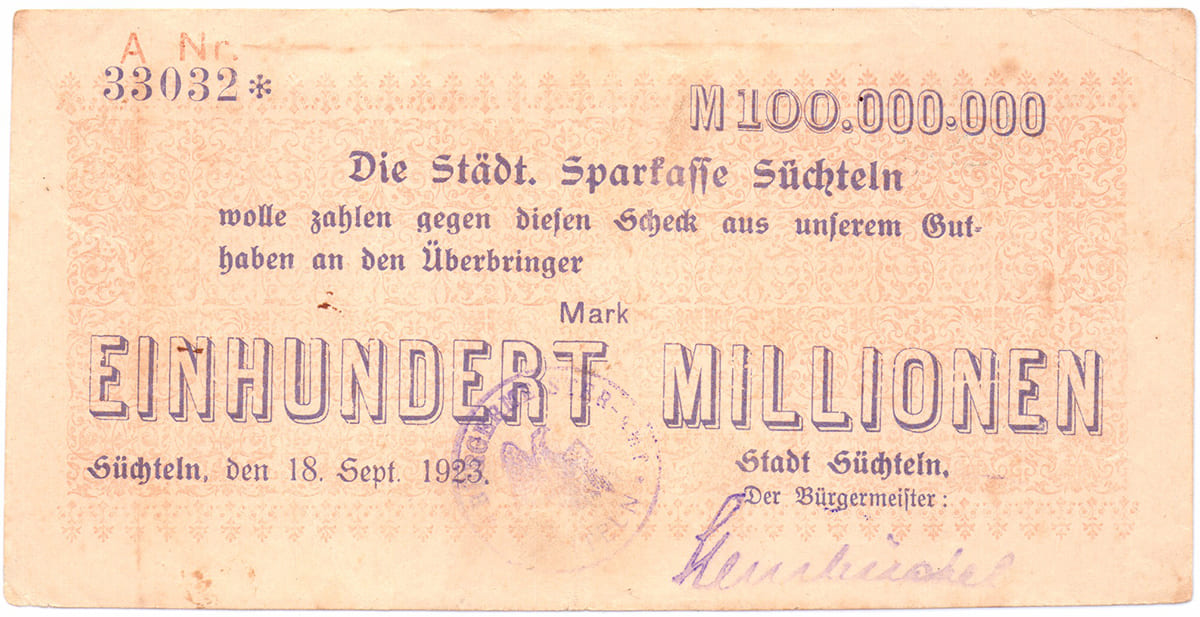 100 000 000 марок 1923 Stadt Süchteln