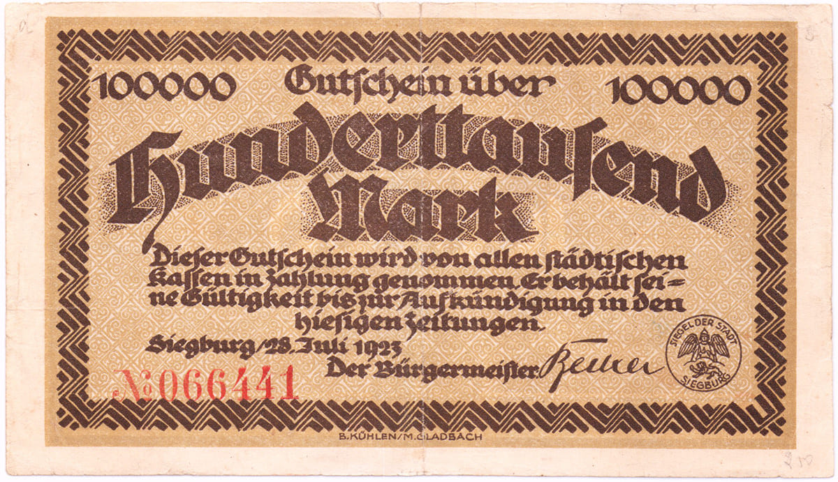 100 000 марок 1923 Stadt Siegburg