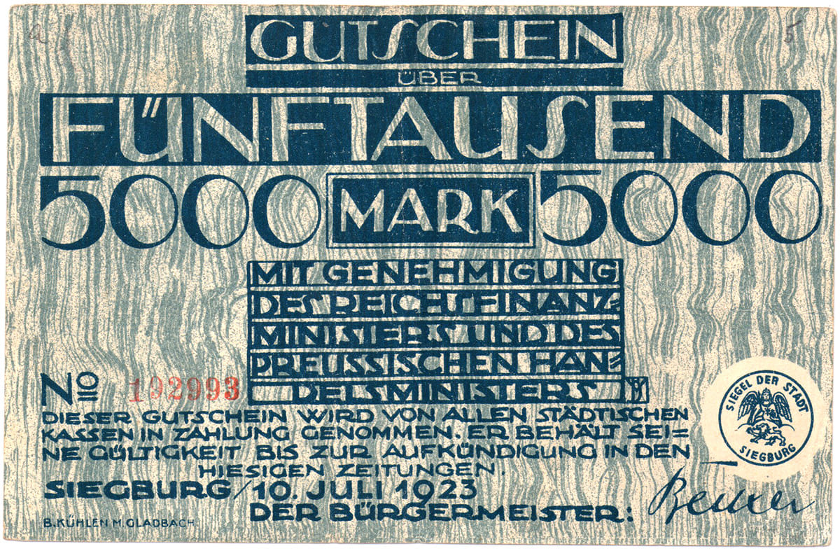 5000 марок 1923 Stadt Siegburg